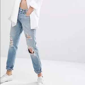 Pale Wash Ripped Front Boyfriend Jeans